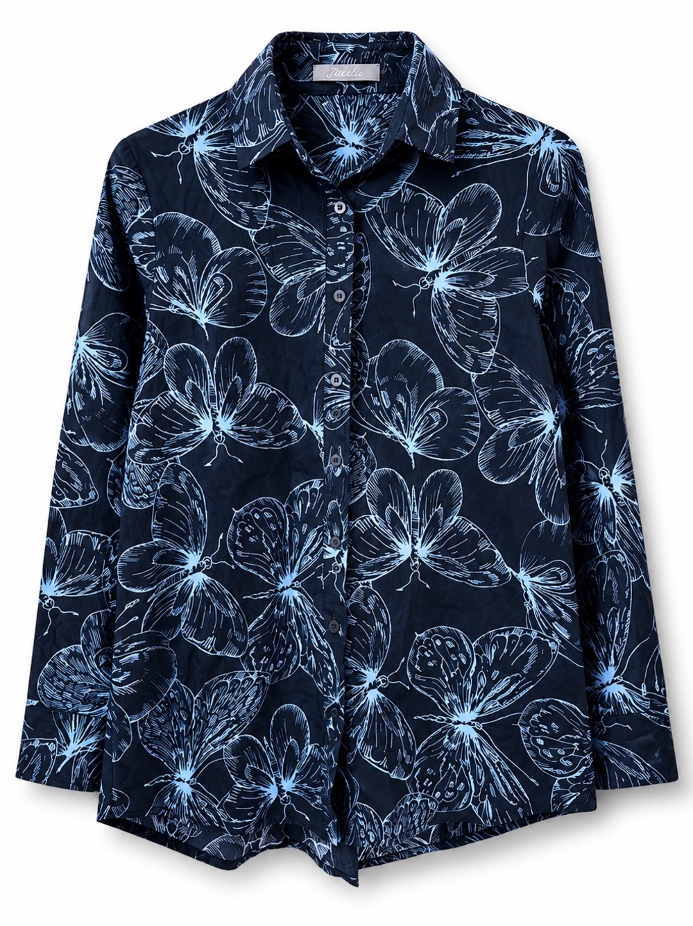 Lela Rose Butterfly Print Cotton Long Sleeve Shirt 8 Navy Blue